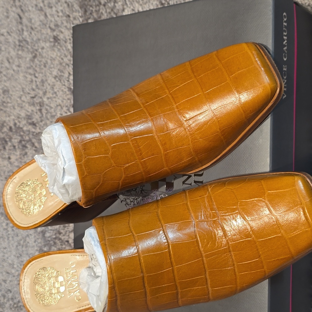 Vince Camuto Brown Croc-Embossed Mules